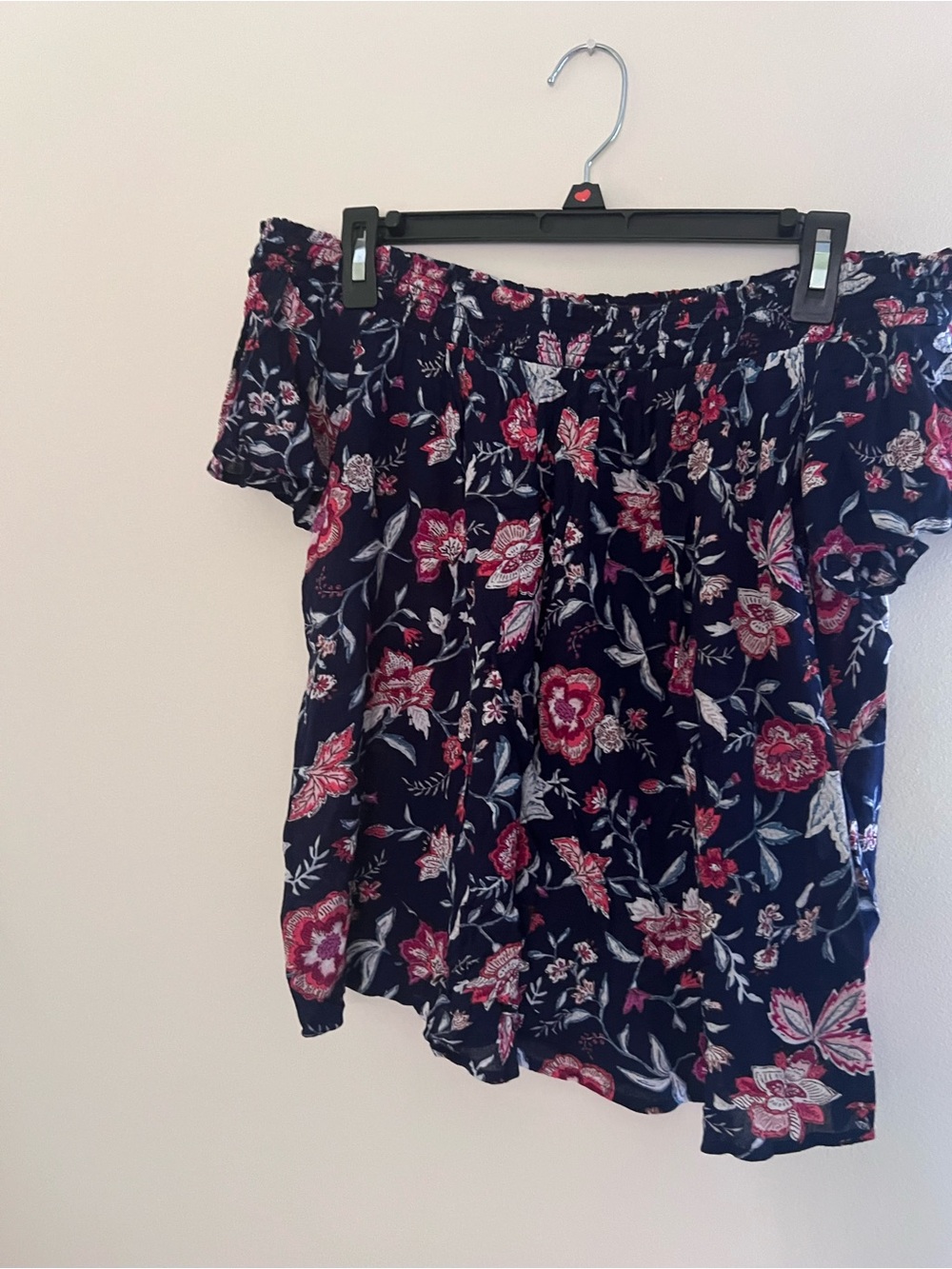 Old Navy Navy Off-Shoulder Floral Blouse with Red and White Flowers